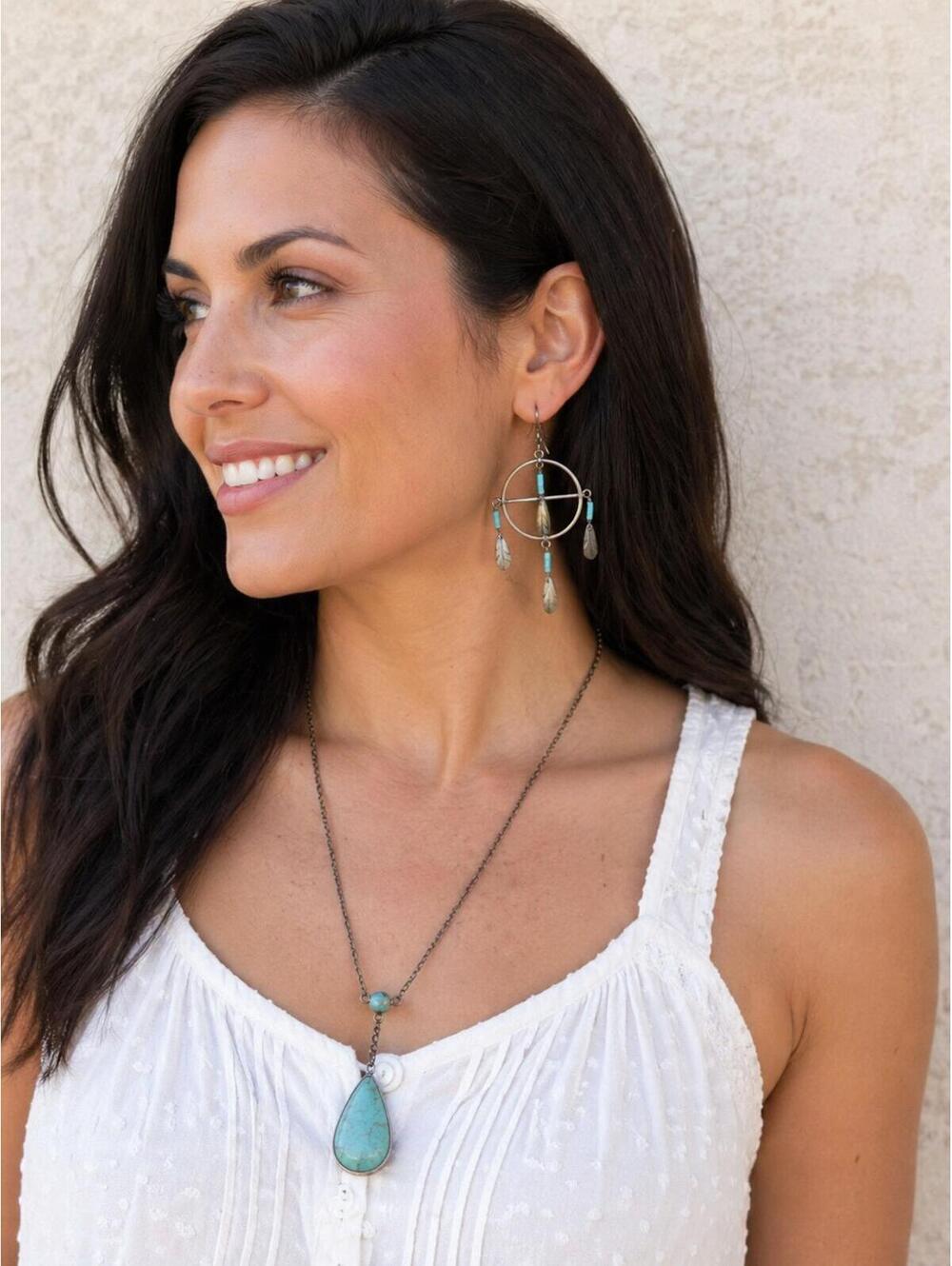 Navajo Sterling Silver Turquoise MOP Feather Dangle Earrings